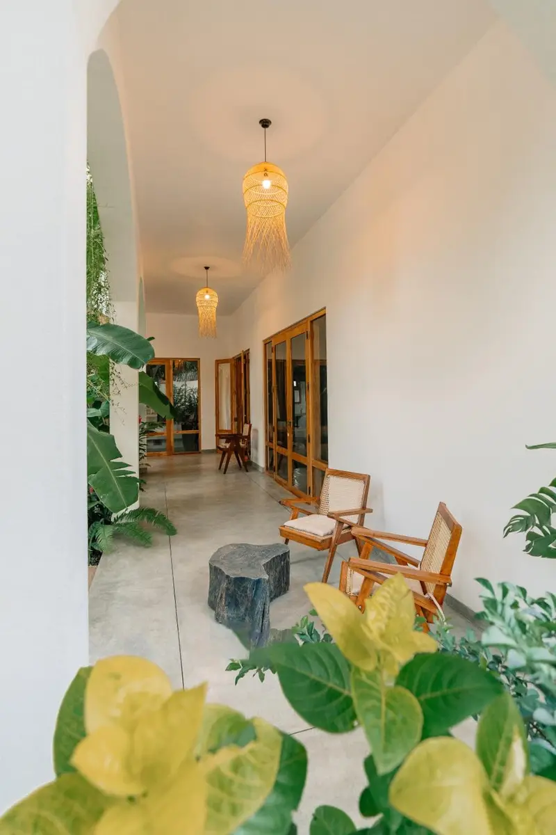 Plant-lined veranda corridor with rattan pendant