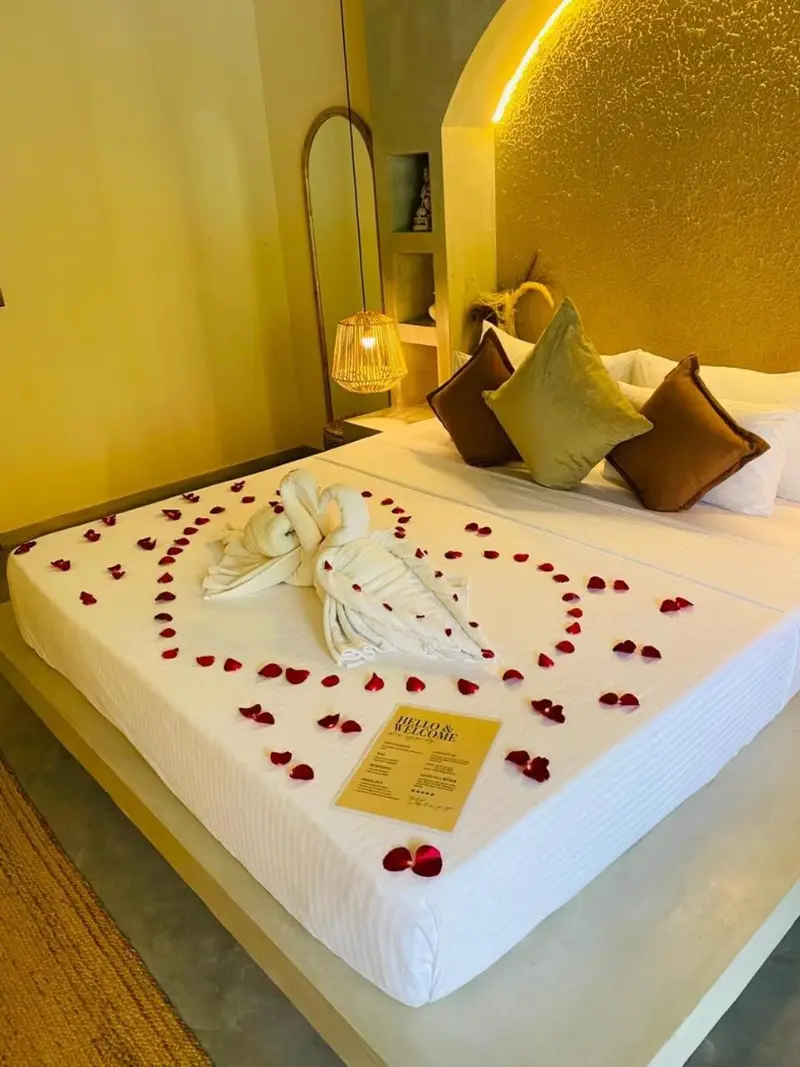 Heart of rose petals and towel swans under the glowing headboard