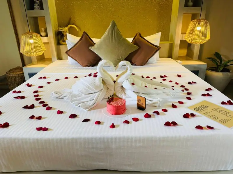 Bed decorated with rose petals and towel swans for a celebration