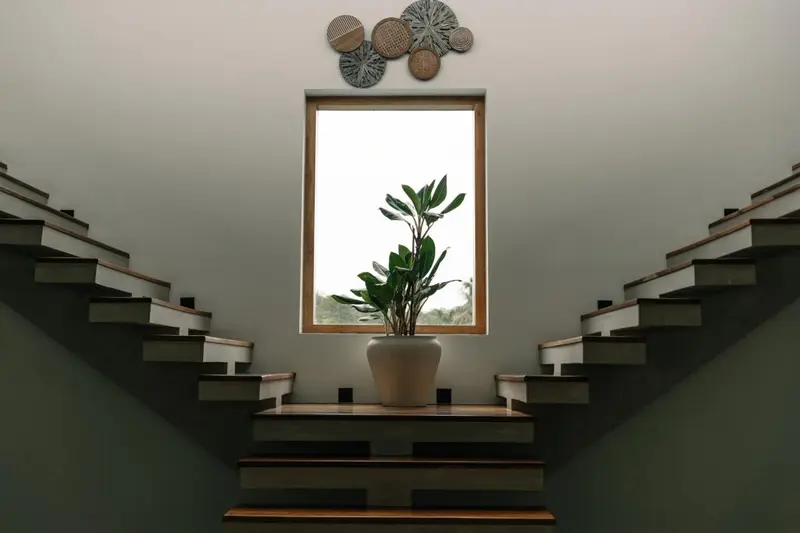 Symmetrical floating staircases framing a window and plant