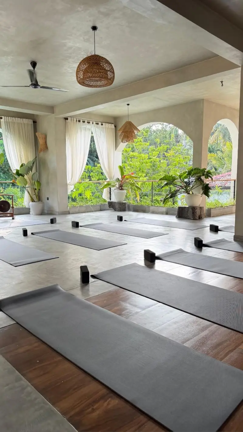 Yoga mats laid out in the shala facing the garden